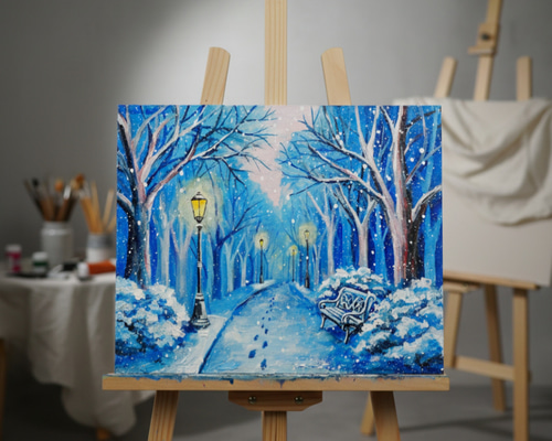 油絵 絵画 孟冬 油絵 原画 雪景色 冬景色 幻想的 青 絵画 F3「雪降る幻想」 絵画 HR