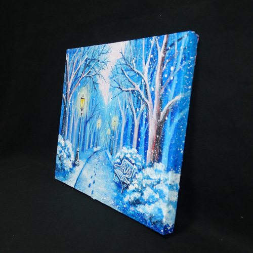 油絵 原画 雪景色 冬景色 幻想的 青 絵画 F3「雪降る幻想」 絵画 HR