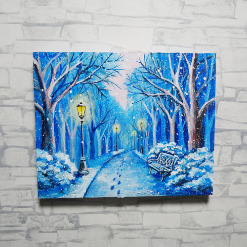 油絵 原画 雪景色 冬景色 幻想的 青 絵画 F3「雪降る幻想」 絵画 HR