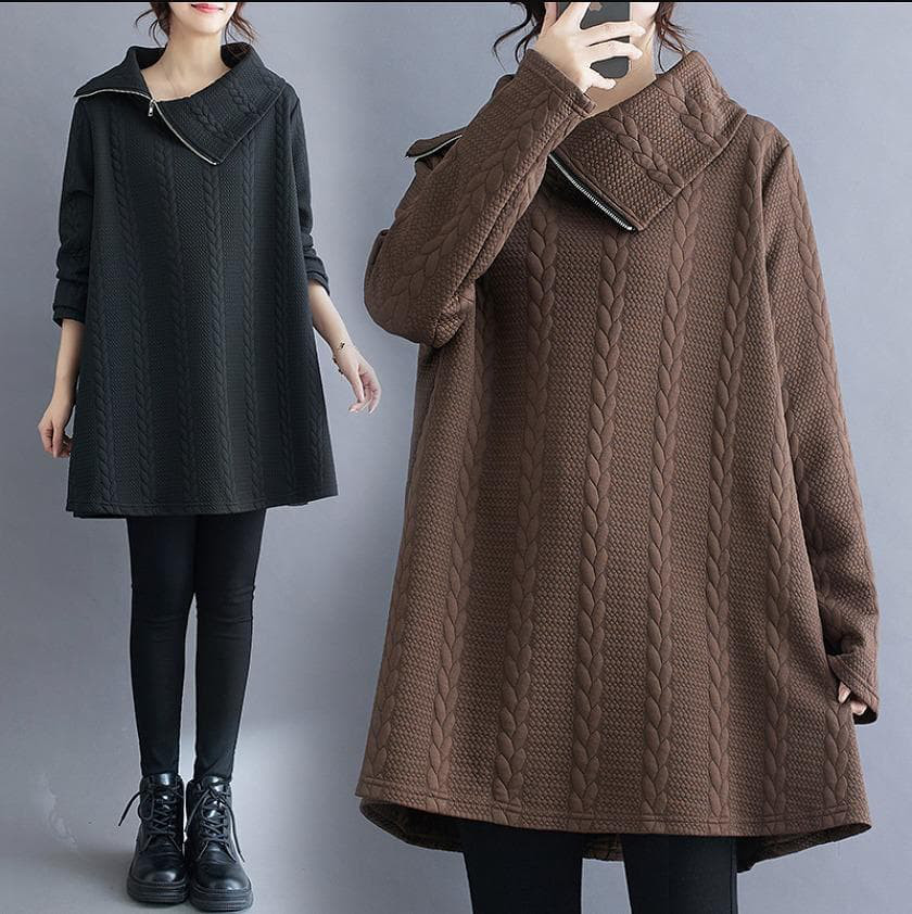 新品　秋冬 大きいサイズ 変形ハイネック 痩せ見え 黒チュニック　アシメ