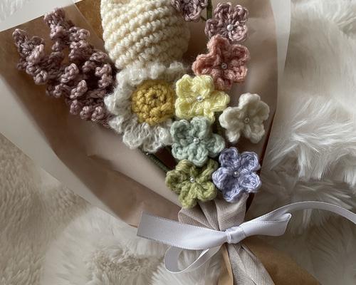 枯れない花】パステルカラー あみぐるみ 枯れない花束 編み物 毛糸花束