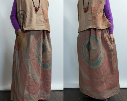鯉のぼり（木綿）の柿渋染めトップスとスカート（裏付き）のセット