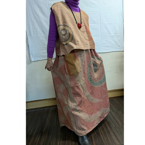 鯉のぼり（木綿）の柿渋染めトップスとスカート（裏付き）のセット