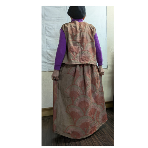 鯉のぼり（木綿）の柿渋染めトップスとスカート（裏付き）のセット