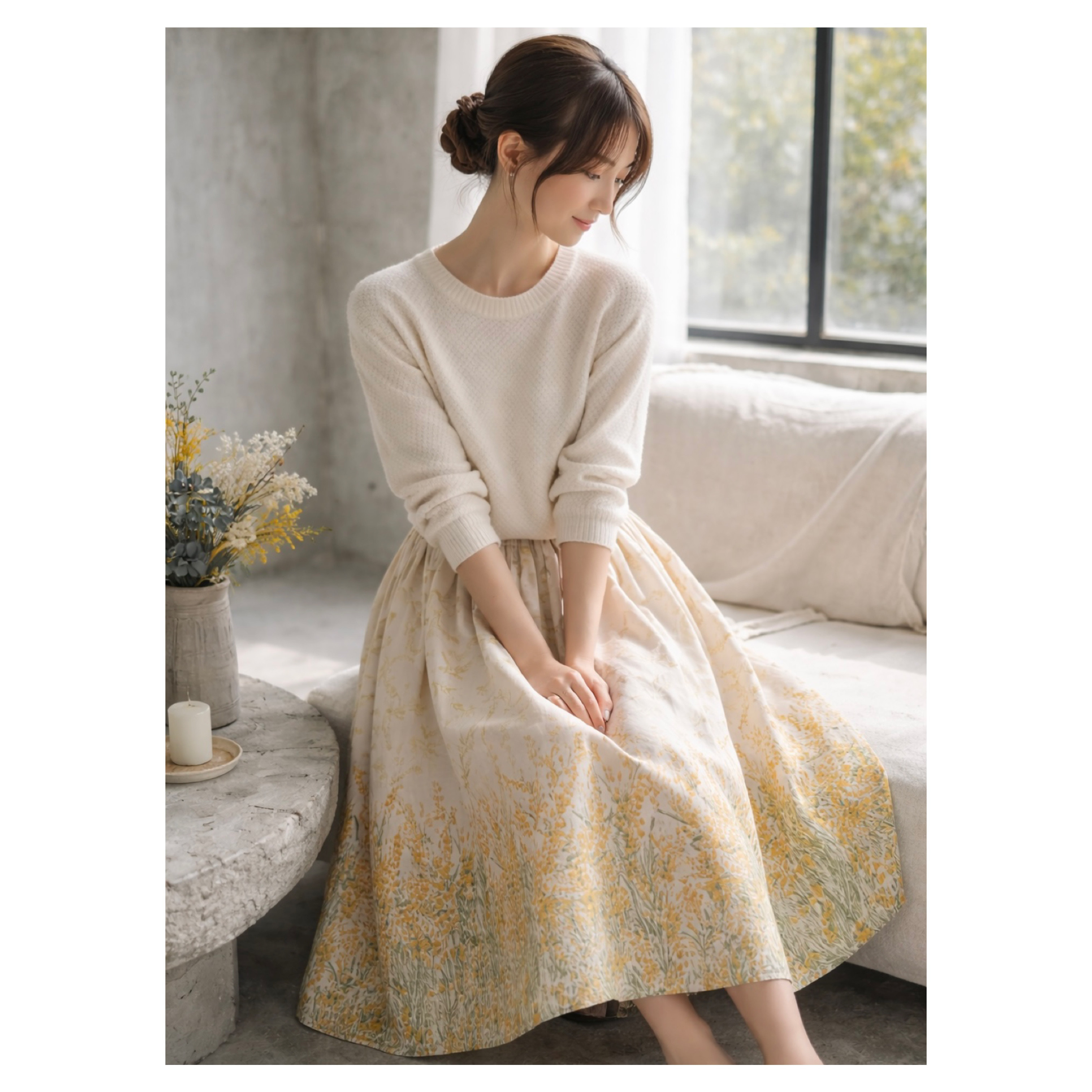 総丈90㎝／momen-t ミモザ柄／ロングギャザースカート／綿麻花柄スカート／春夏スカート／生成り