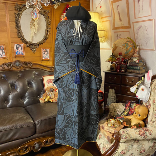 着物リメイクワンピース3650 着物リメイク ワンピース ドレス ロング 洗える 化繊 帯サッシュベルト