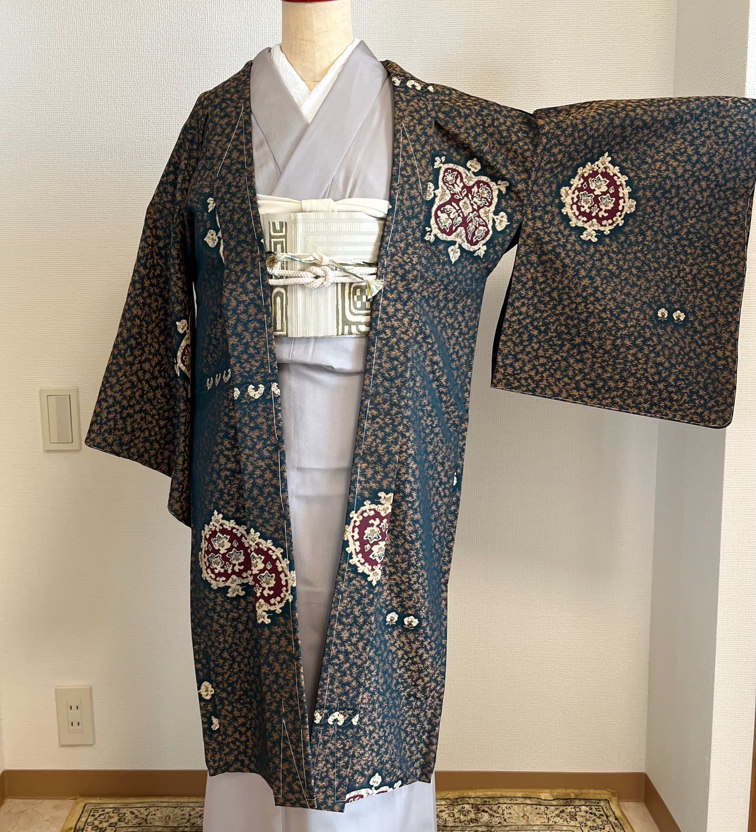 新品　正絹　単衣　女物　長羽織　深緑　茶