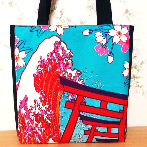 ジャクリーン　ハンバート、【赤いバックの猫】、希少な額装用画集より 大きめトートバッグ 猫歌舞伎 浮世絵 鳥居 桜 にゃんこ ネコ 歌舞伎