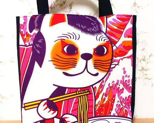 ジャクリーン　ハンバート、【赤いバックの猫】、希少な額装用画集より 大きめトートバッグ 猫歌舞伎 浮世絵 鳥居 桜 にゃんこ ネコ 歌舞伎