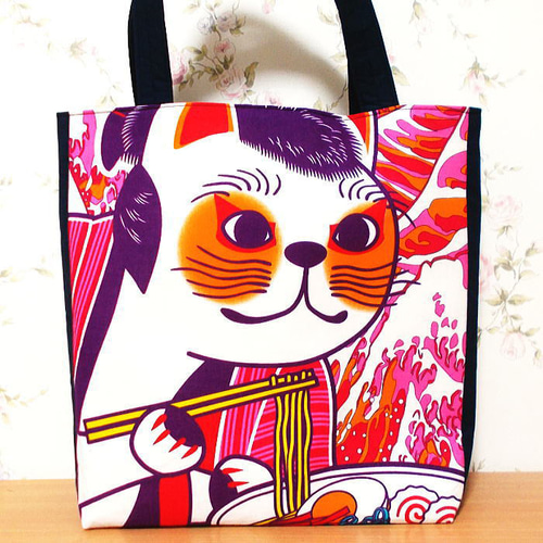大きめトートバッグ 猫歌舞伎 浮世絵 鳥居 桜 にゃんこ ネコ 歌舞伎