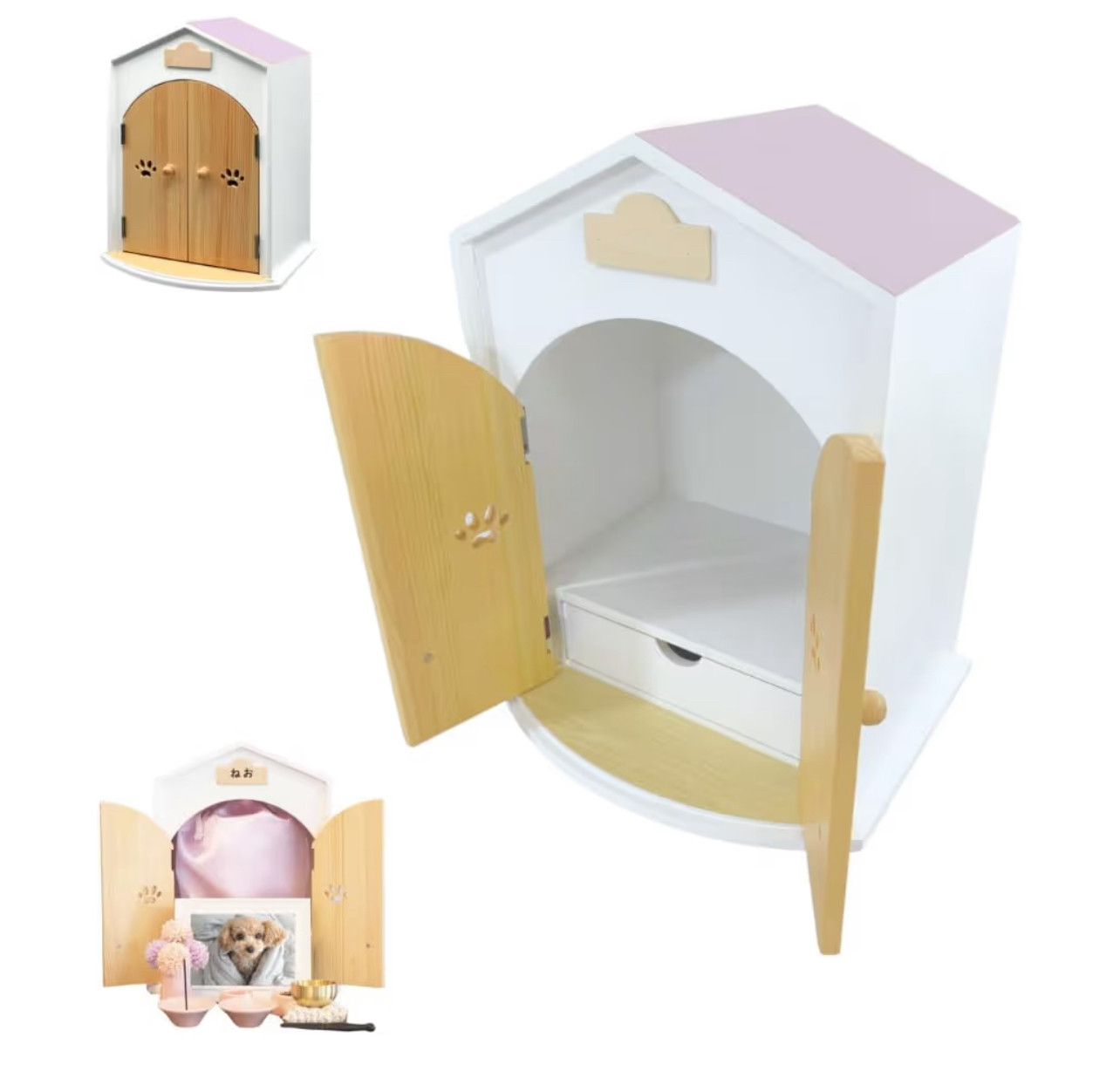 ペット仏壇　選べる18色　おうち型　メモリアル　日本製　骨壷収納　2寸3寸4寸　ネームシール付き　木製（ラベンダー）