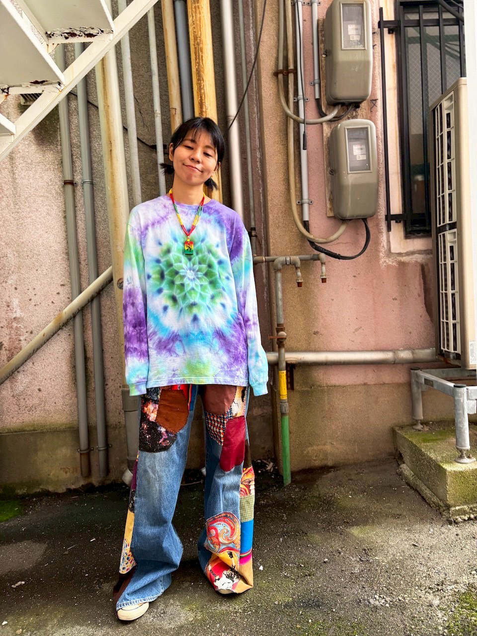 タイダイ 長袖 Tシャツ Lサイズ 曼荼羅模様 パープル×グリーン×ホワイト HD25-32