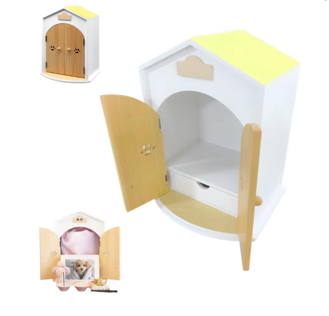 ペット仏壇　日本製　選べる18色　供養　メモリアルハウス　骨壷収納　かわいい　天然木　犬猫　小型（イエロー）