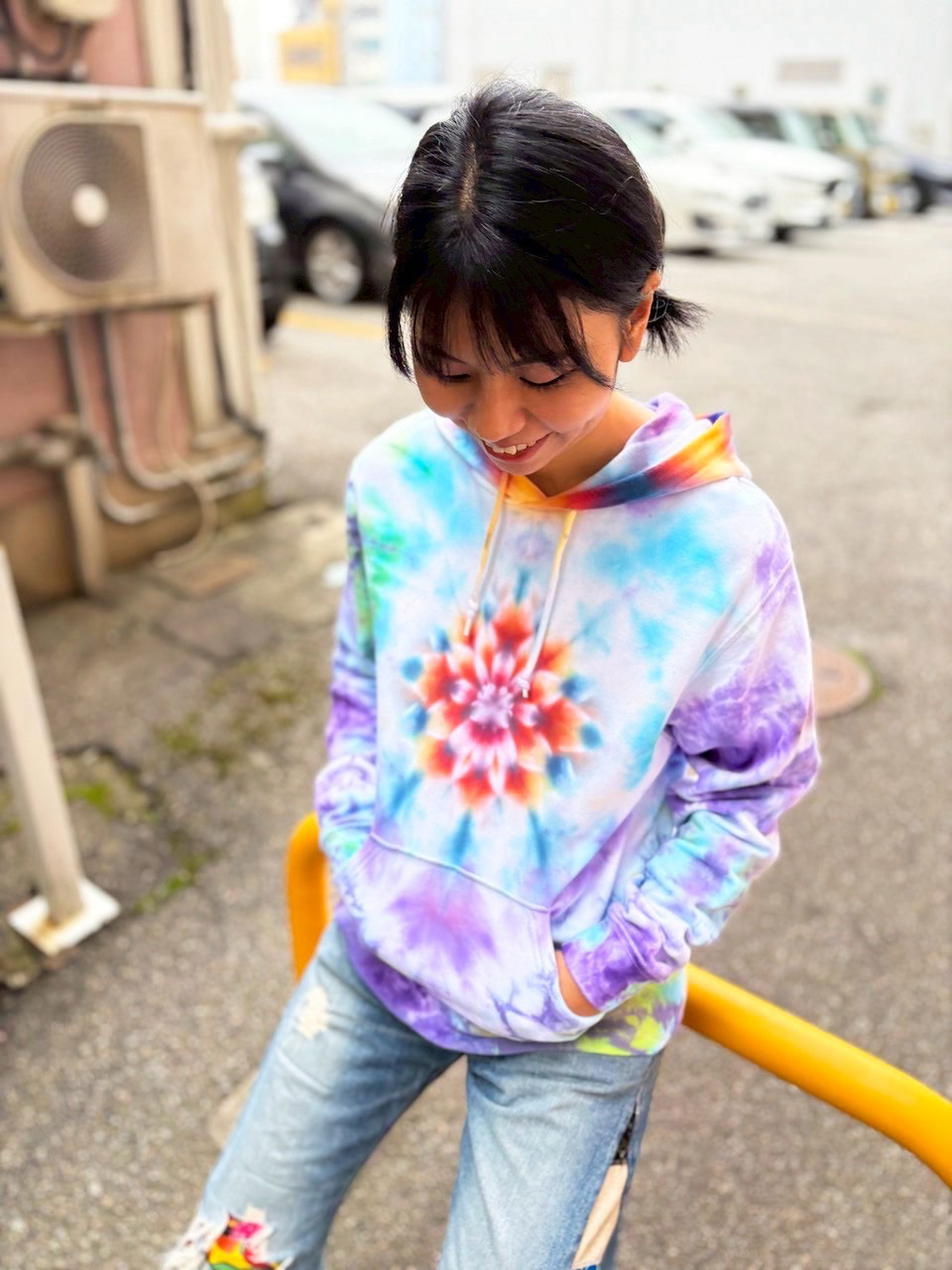 タイダイ フーディ プルオーバー パーカー 曼荼羅模様 Mサイズ パープル×グリーン ムラ染め HD25-34