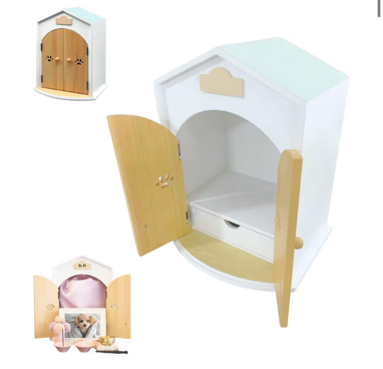 ペット仏壇　日本製　選べる18色　犬猫　メモリアルハウス　かわいい　天然木　骨壷収納　小型（スカイブルー）