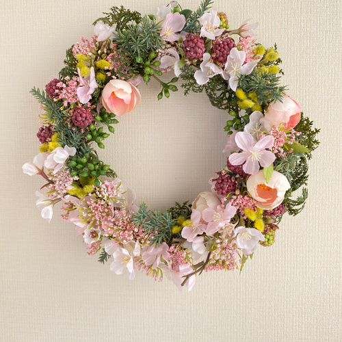 Creema限定』【送料無料】桜とミモザの春のリース アーティフィシャル