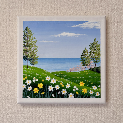 スイセンの咲く丘03」アクリル画 原画 キャンバス SSMサイズ 風景画