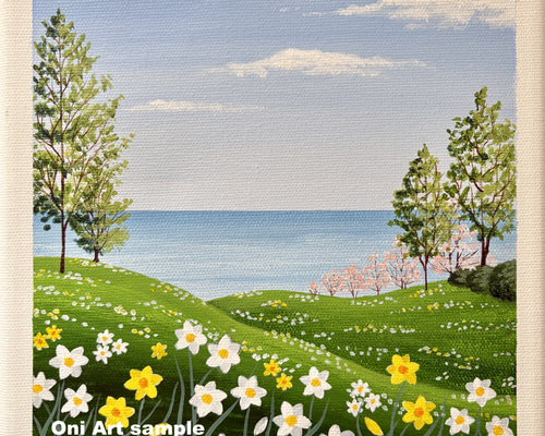 アクリル画　原画　「スイセンの咲く丘01」額縁付　SMサイズ　キャンバス アクリル画 原画 「スイセンの咲く丘01」額縁付 SMサイズ キャンバス