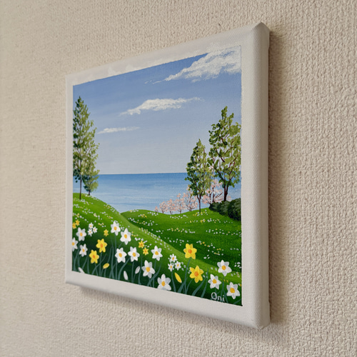 スイセンの咲く丘03」アクリル画 原画 キャンバス SSMサイズ 風景画