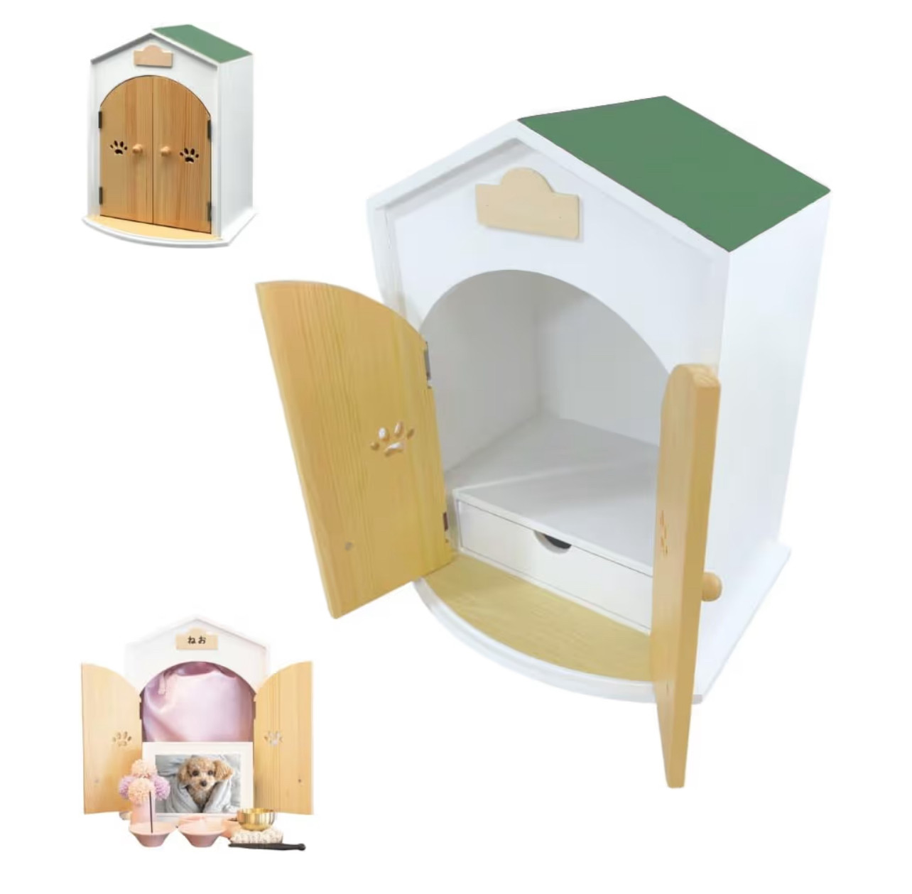 ペット仏壇　犬猫　選べる18色　骨壷収納　小型　供養　日本製　天然木　メモリアルハウス　ネームシール付（グリーン）