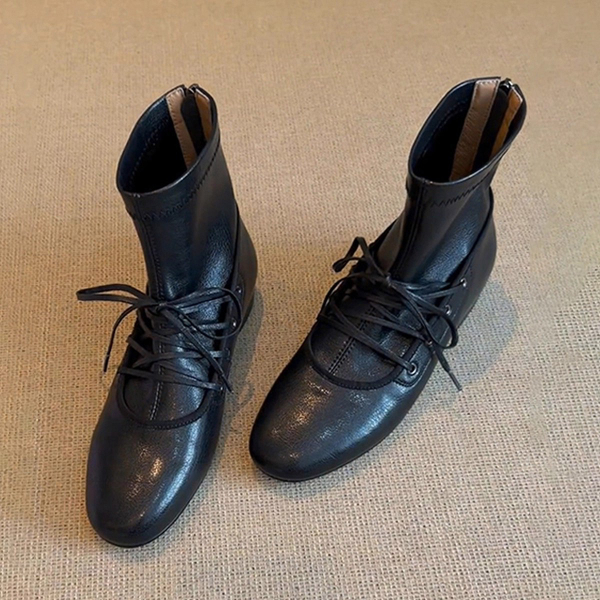 レディース マイナーレトロ ショートブーツ｜脚痩せ効果抜群 レースアップメリージェーン バッ22.5-25cm#1322