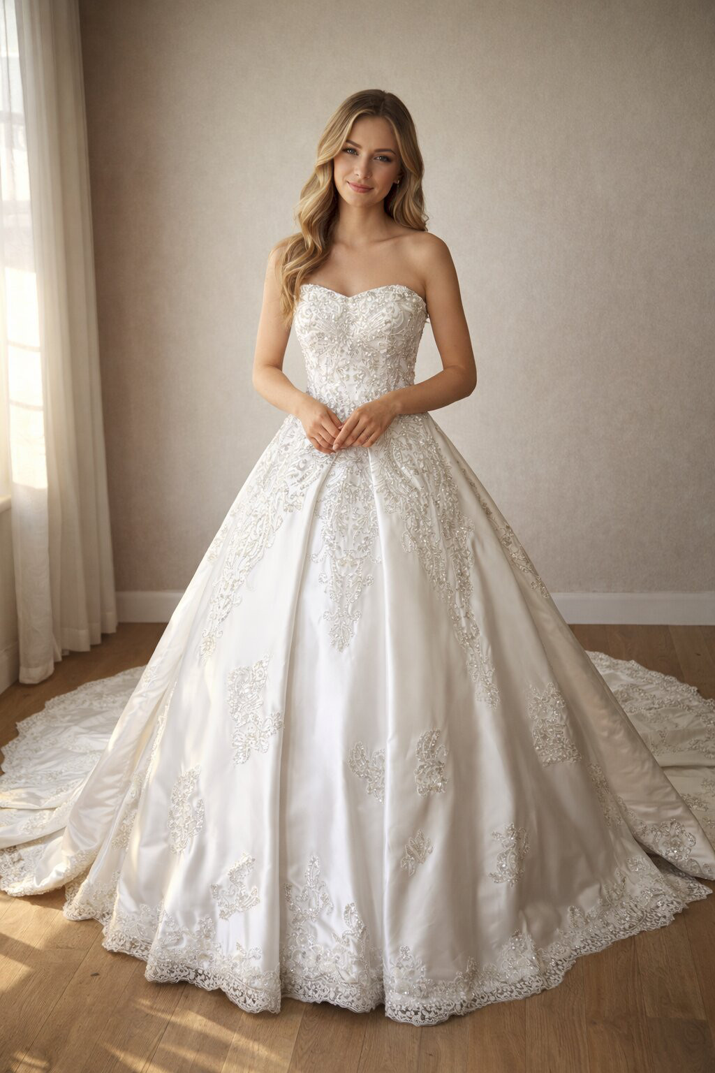 送料無料！ウエディングドレス ベアトップ 3D立体レース刺繍 韓国風ドレス  光沢サテン ブライダル 繊細なレース