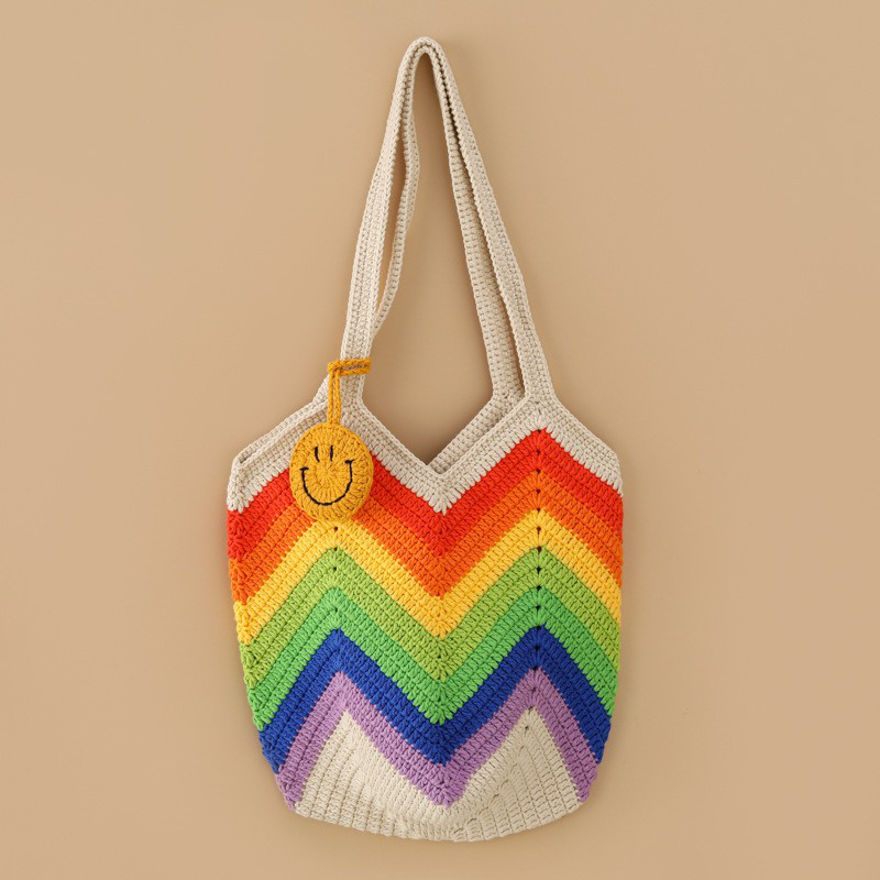 手作り 毛糸 かぎ針編み ショルダーバッグ トートバッグ【バスケットバッグ｜虹色波紋｜キャンバス地の内張り無し】1点