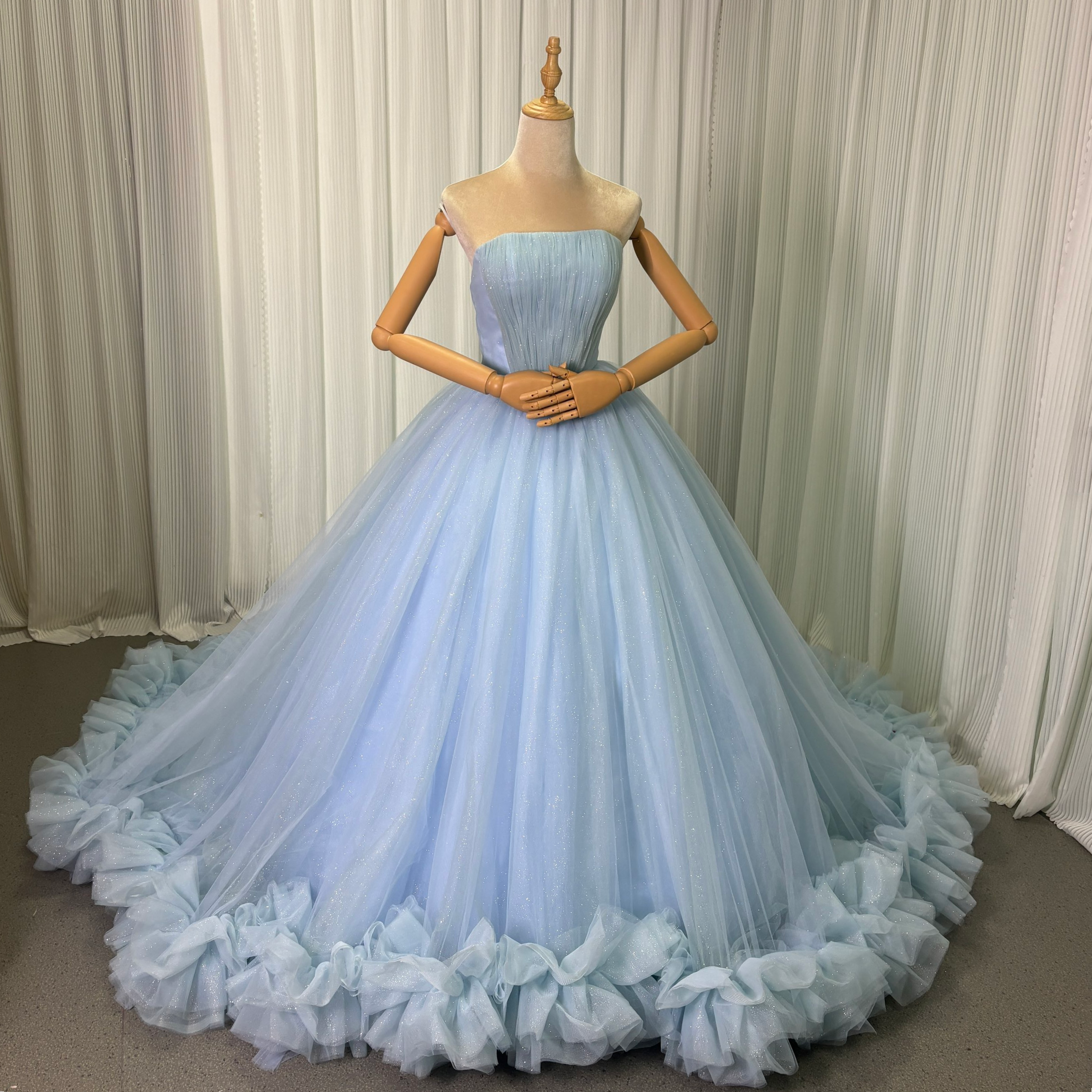 送料無料！カラードレス ビスチェドレス ラッフルフリル リボントレーン 編み上げ 結婚式 キラキラチュール