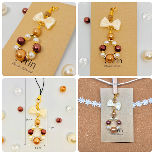 ゴールド】パールビーズストラップ／推し活／キーホルダー／目印