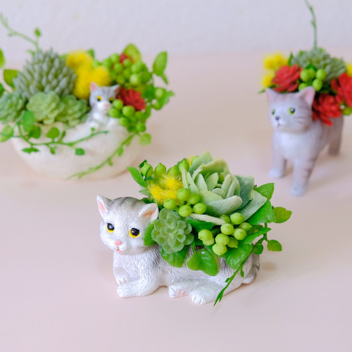 猫の日2026》ネコちゃんアレンジ フェイク多肉 ミニサイズ インテリア