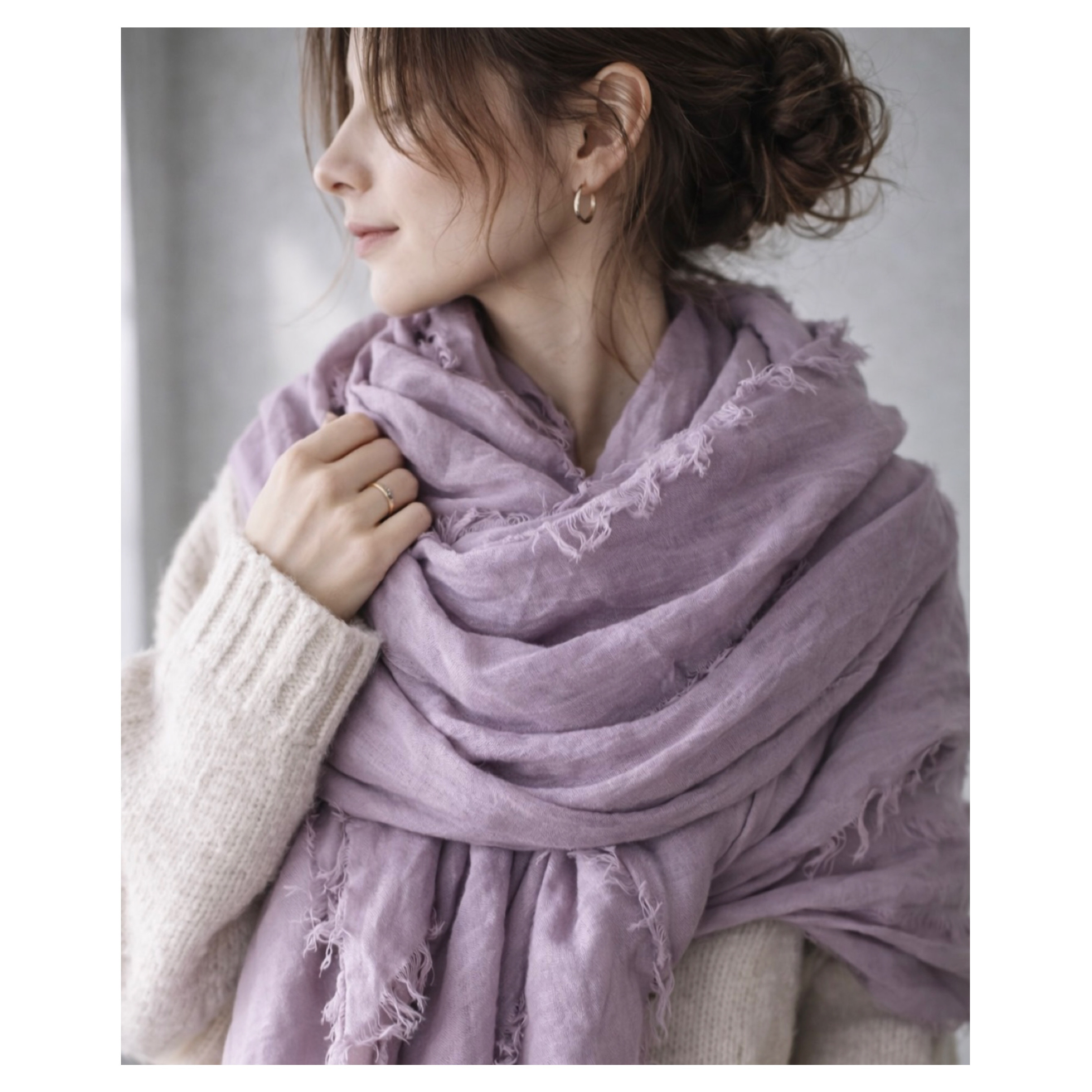 洗い込まれてふっくら柔らかなベルギーリネンストール／四方切りっぱなしフリンジ大判ストール／ラベンダーピンク