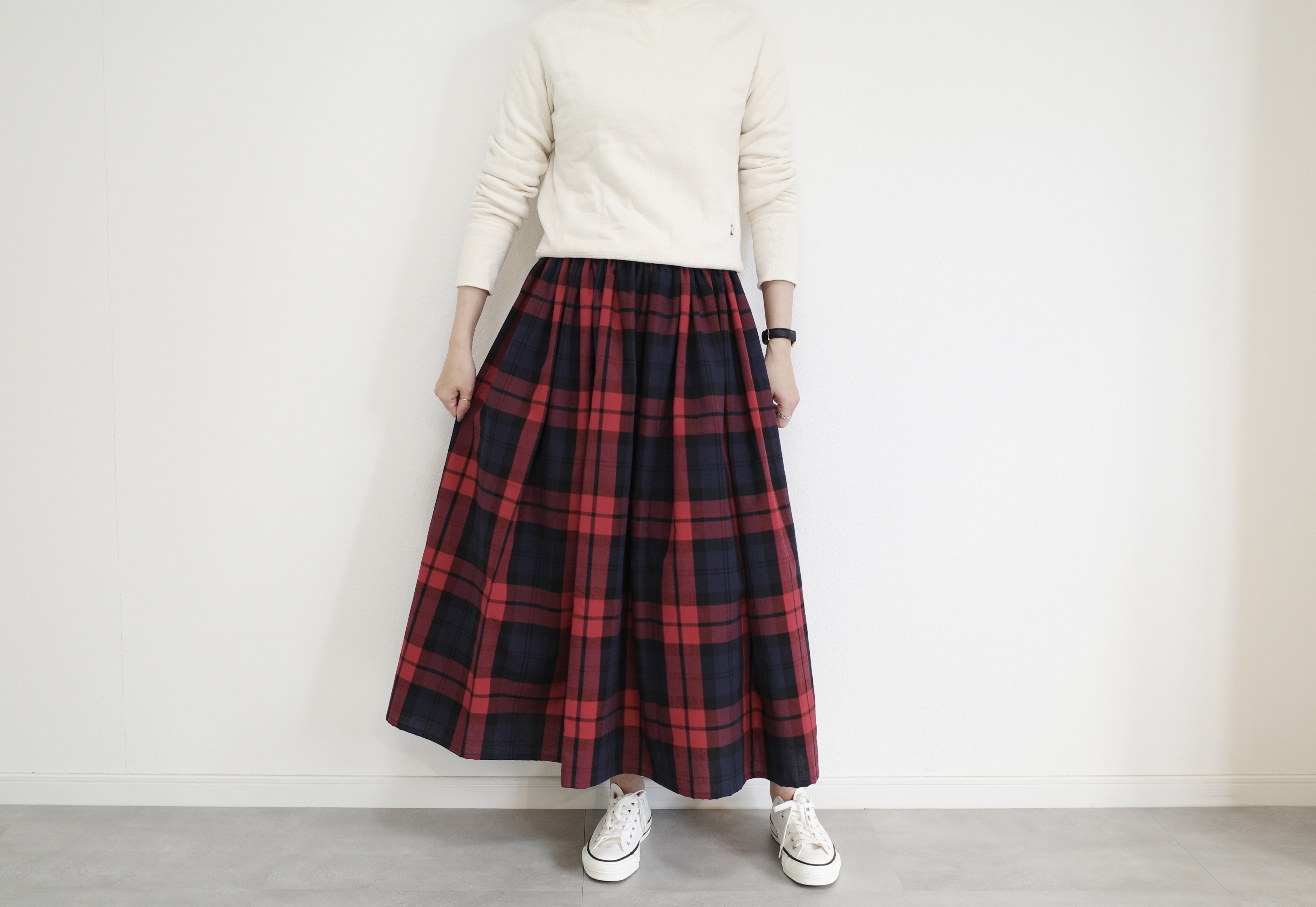 新作♪上質なオーガニックコットンリネン　ビックチェックギャザースカート　レッド