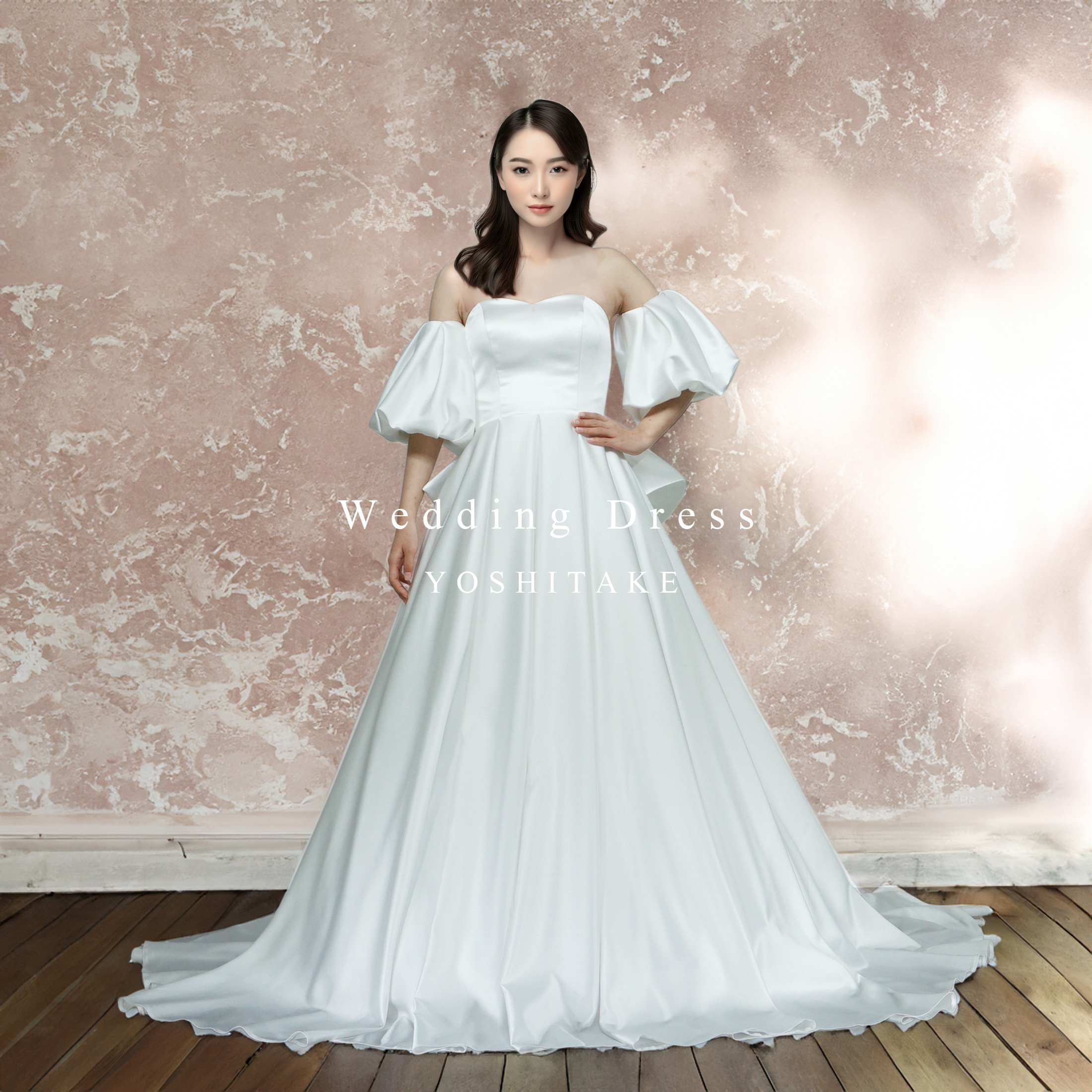 【オーダー制作】ウエディングドレス.白.パフスリーブ.Aライン.サテン.リボン.Y2796