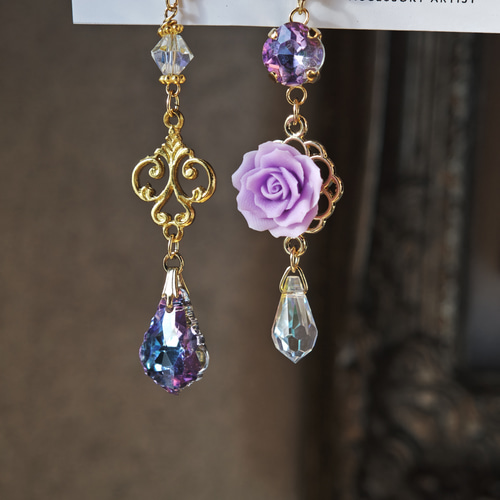 送料込 イロアソビ＊ 紫薔薇 ヴィトライユ ガラス ピアス ピアス