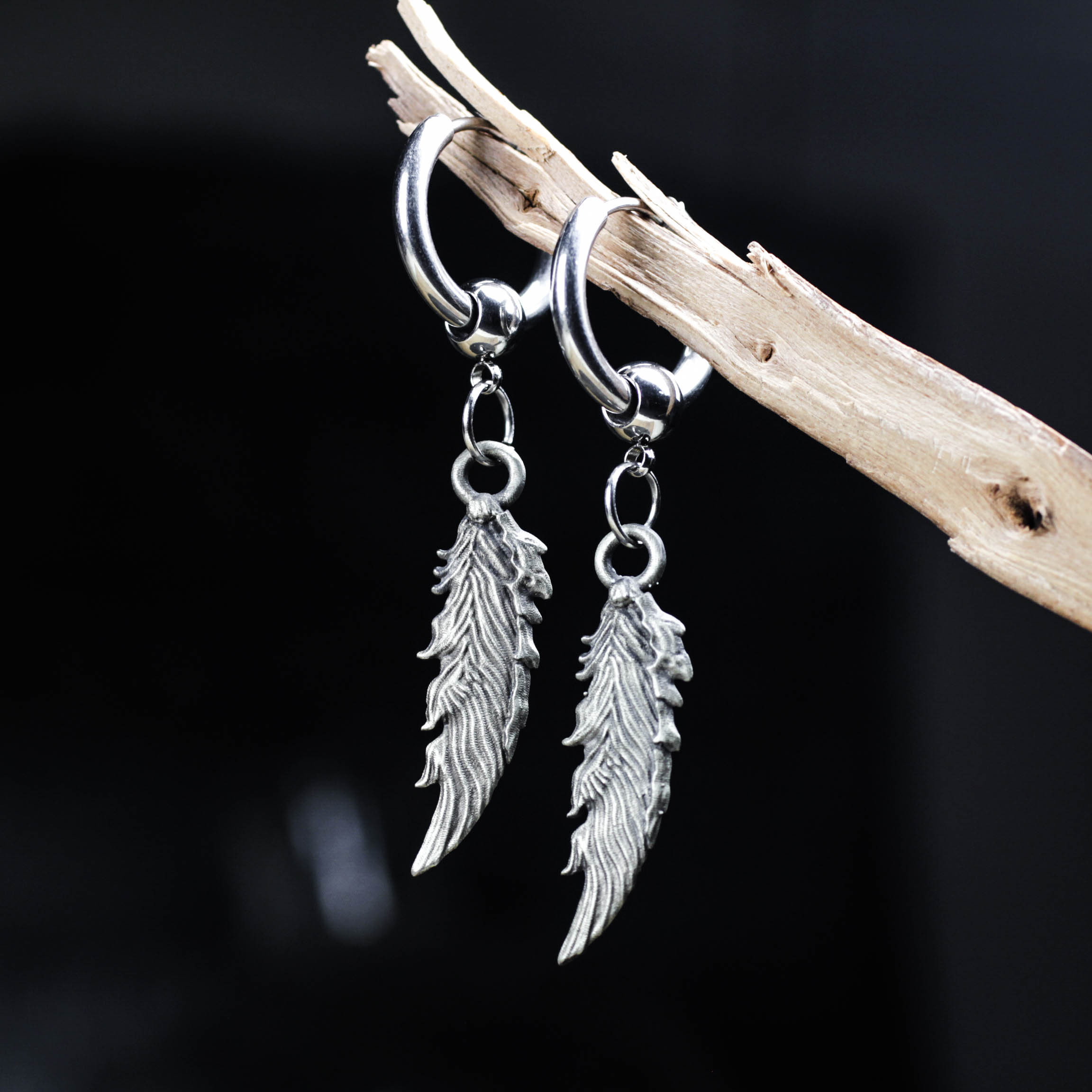 925シルバーウィングイヤリング - ハンドメイドエンジェルフェザードロップイヤリング ゴシックボヘミアンジュエリー