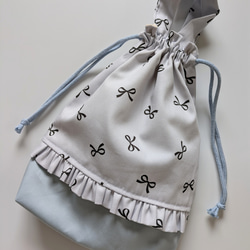 送料無料 入園入学3点セット ギンガムチェックブルーフリル 上靴いれ