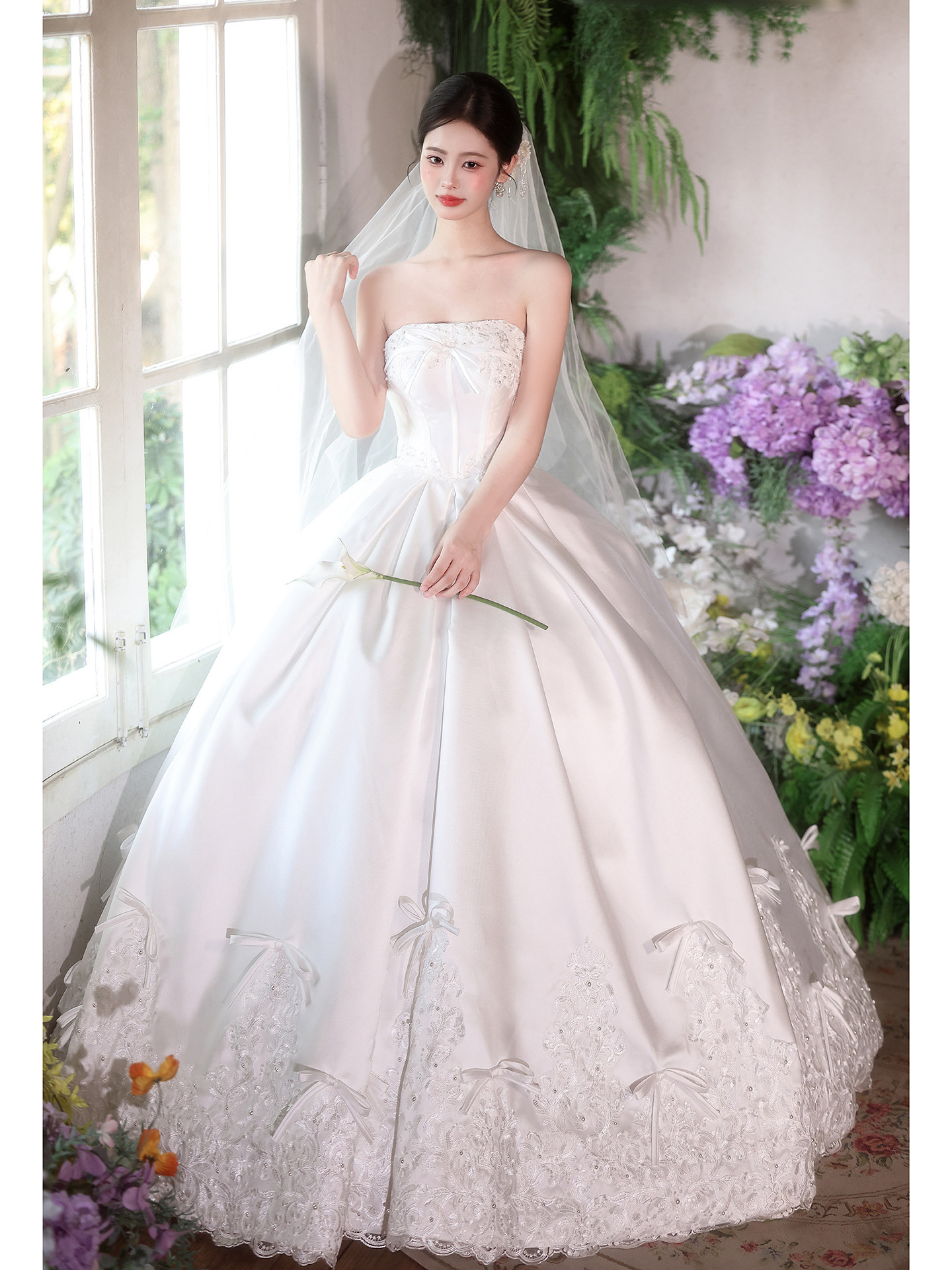 綺麗 白 サテン オフショルダー リボン ウェディングドレス 結婚式 花嫁 パーティー 前撮り 披露宴 A7272