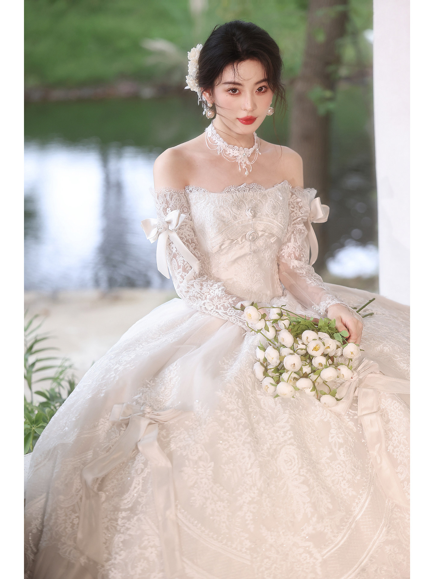 綺麗 白 レース 長袖 オフショルダー ウェディングドレス 結婚式 花嫁 パーティー 前撮り 披露宴 A7278