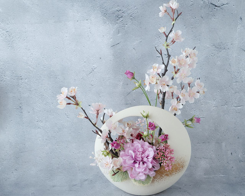 ダリアと桜の春アレンジメント【アーティフィシャル/造花】和風モダン