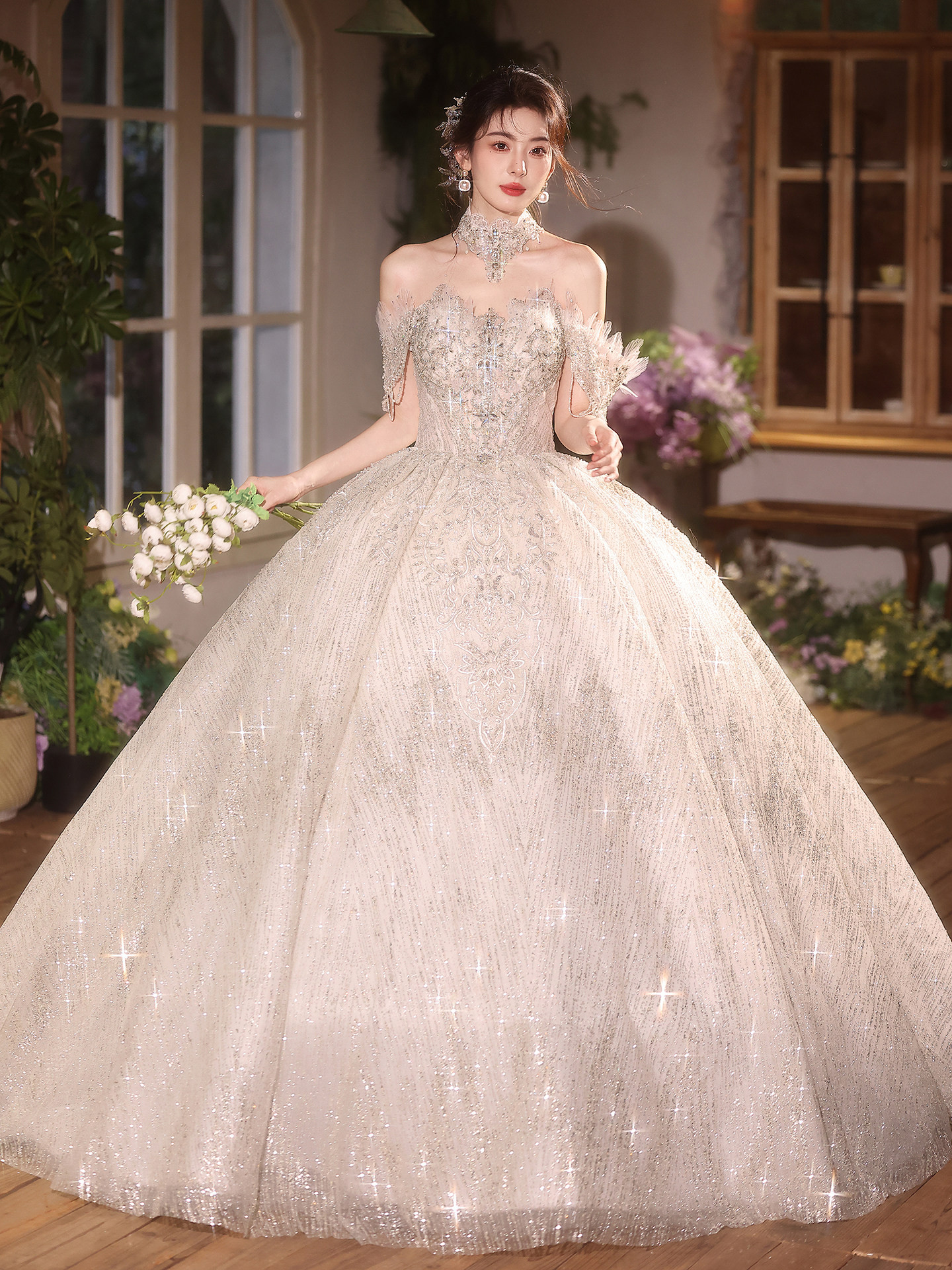 豪華 白 オフショルダー きらきら ウェディングドレス 綺麗 結婚式 花嫁 パーティー 前撮り 披露宴 A7280