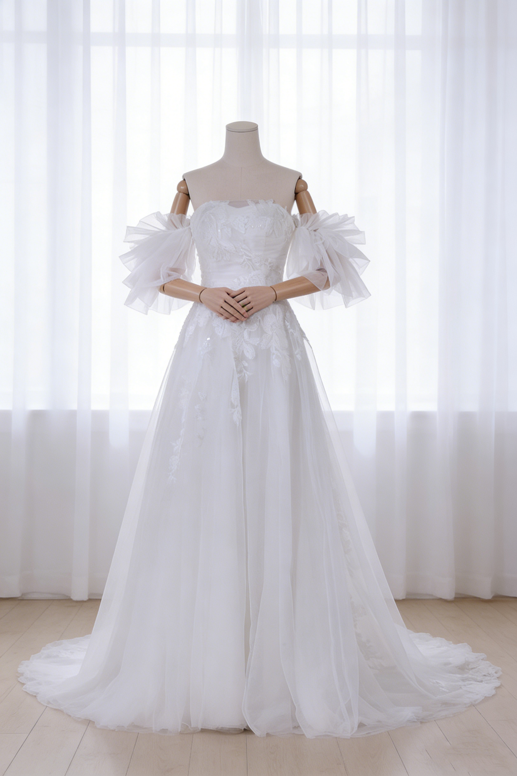 送料無料！ウェディングドレス 取り外し可能な付け袖 フリル袖 前撮り Aライン 優雅なシルエット エレガント