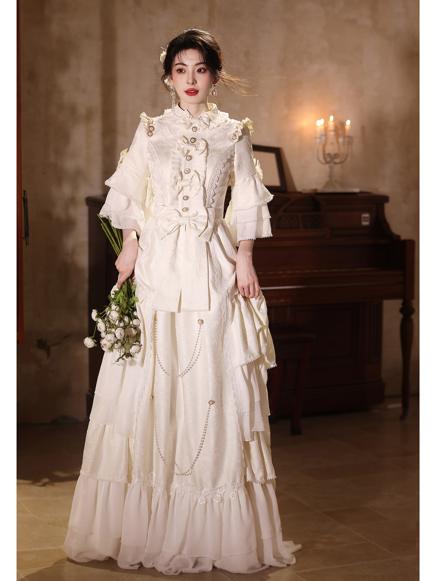 豪華 白 五分袖 リボン ウェディングドレス ロリータ 綺麗 結婚式 パーティー 前撮り 披露宴 A7284