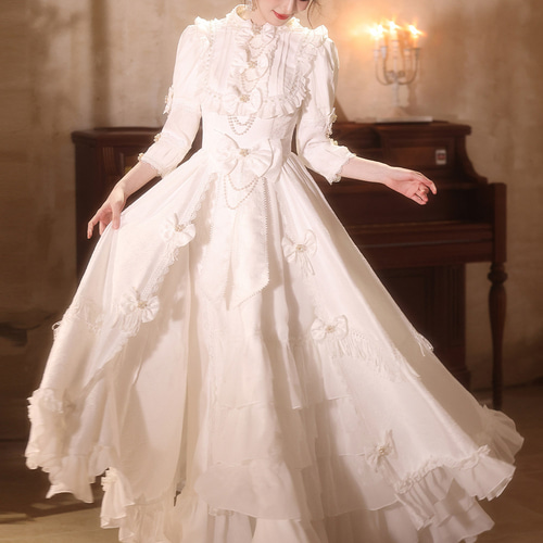 綺麗 白 七分袖 リボン ウェディングドレス ロリータ プリンセス