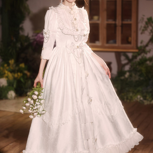 綺麗 白 七分袖 リボン ウェディングドレス ロリータ プリンセス