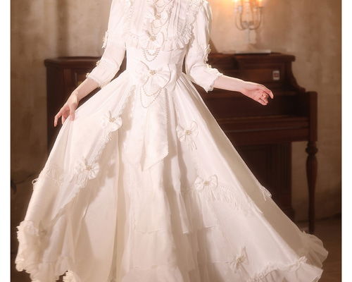 綺麗 白 七分袖 リボン ウェディングドレス ロリータ プリンセス