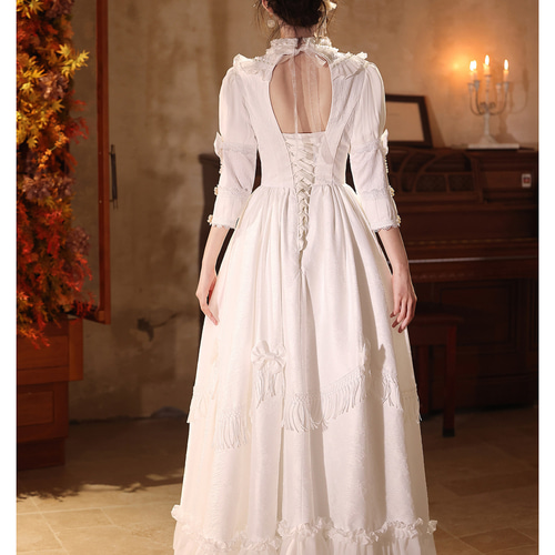 綺麗 白 七分袖 リボン ウェディングドレス ロリータ プリンセス