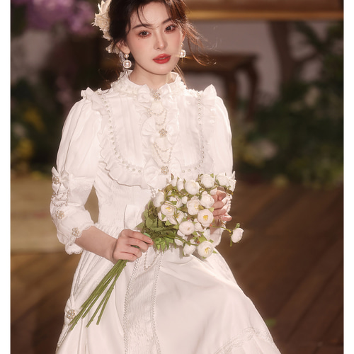 綺麗 白 七分袖 リボン ウェディングドレス ロリータ プリンセス