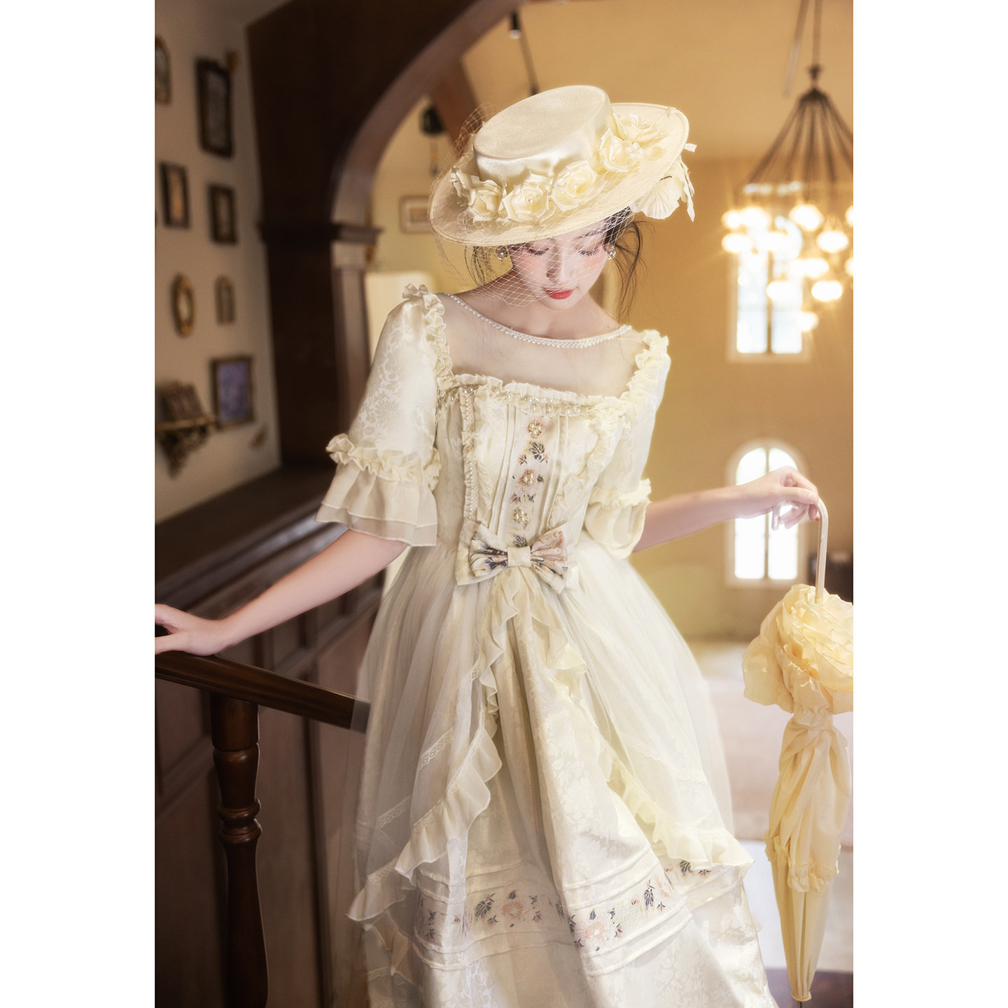 綺麗 クリーム色 五分袖 リボン パーティードレス ロリータ プリンセス 誕生日 成人式 前撮り 披露宴 A7286