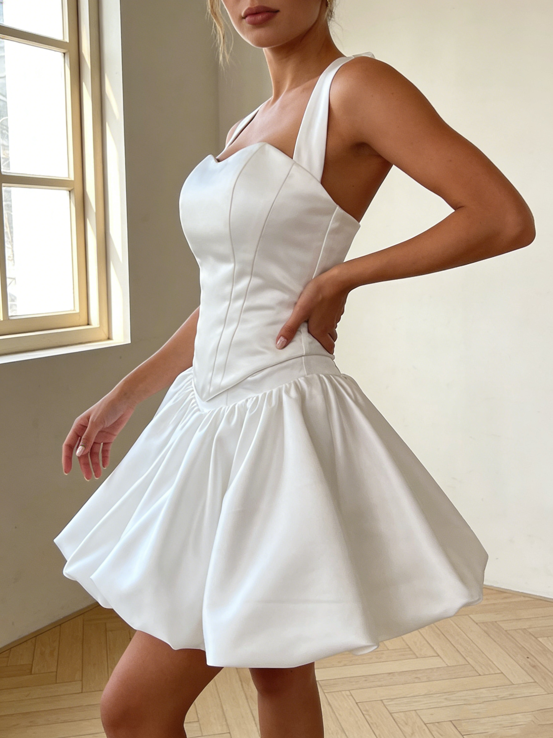 送料無料！パーティードレス アメスリ  光沢サテン ミニドレス ファスナー ツーピース  2ways 前撮り 二次会