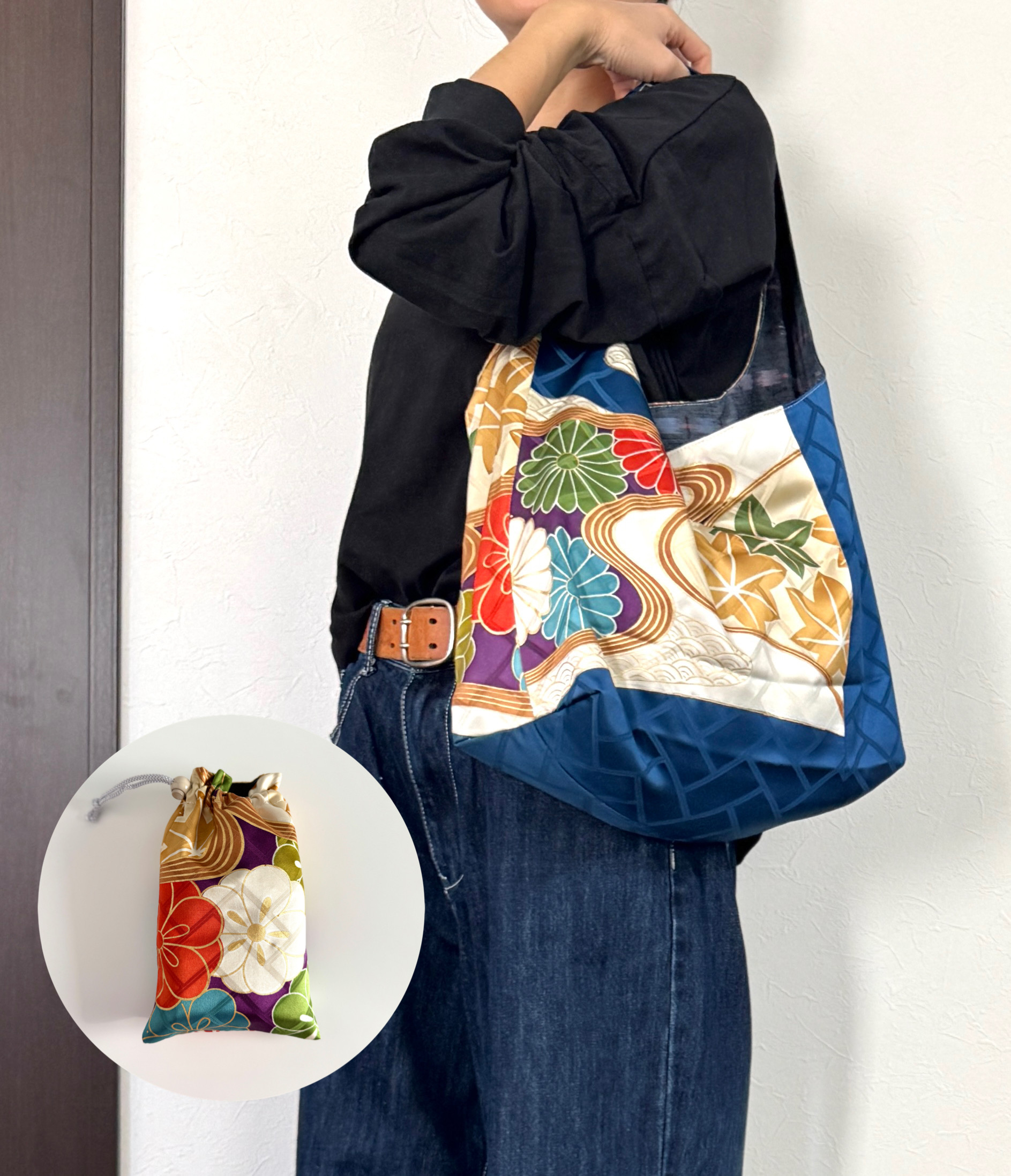 着物バックと巾着袋のセット　振袖　着物リメイク　巾着袋　大きめ　ギフト対応可　お得　贈り物　母の日　旅行　和　旅　和風